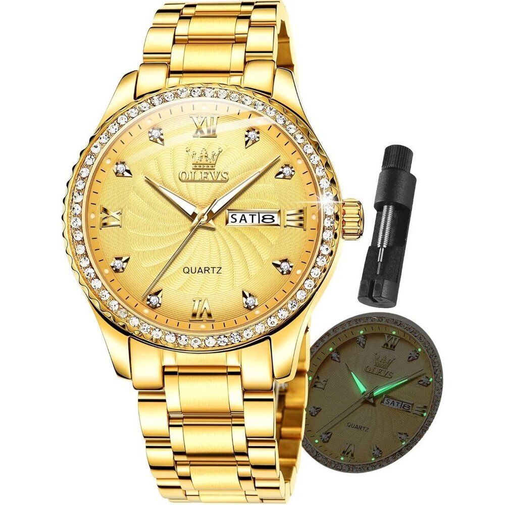 Olevs Men's Gold Steel Golden-Dial Waterproof Stainless Luminous Stylish Watch